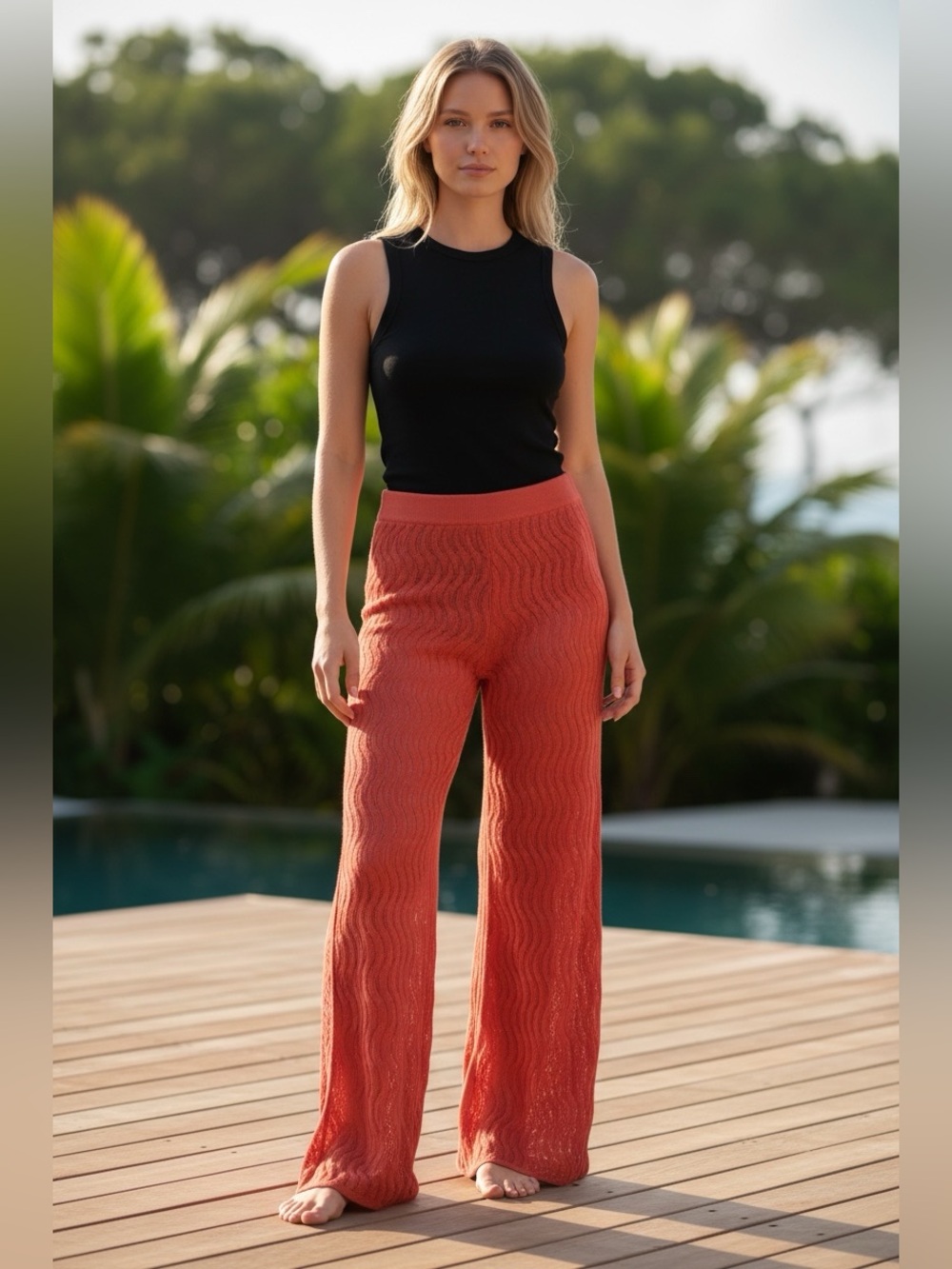 NWT Maria Pavan Crochet Coral  pointelle-knit wide-leg pants Size XS